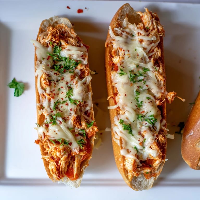 Freshly baked Chicken Parm Stuffed Garlic Bread served hot, with golden crust, gooey cheese pull, and a side of red pepper flakes.