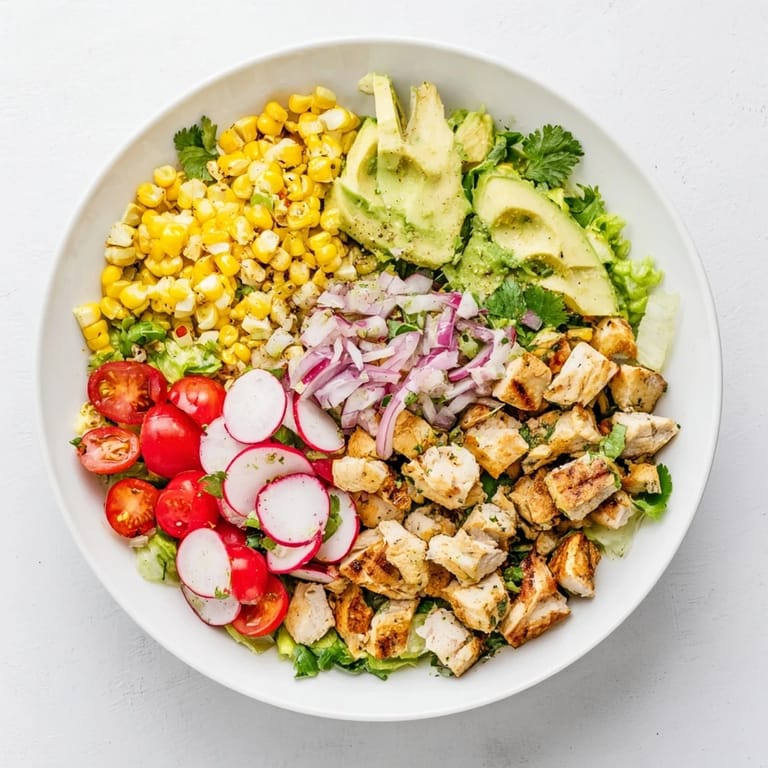 A zesty lime dressing coats the romaine lettuce, cherry tomatoes, and red onion in this refreshing Roasted Corn & Chicken Chopped Salad.