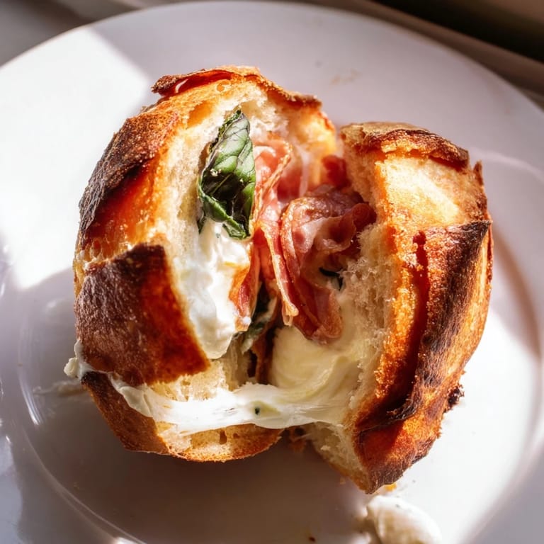 Toasted Italian-American grilled cheese shows melted burrata and crispy prosciutto between golden, buttery sourdough slices.  