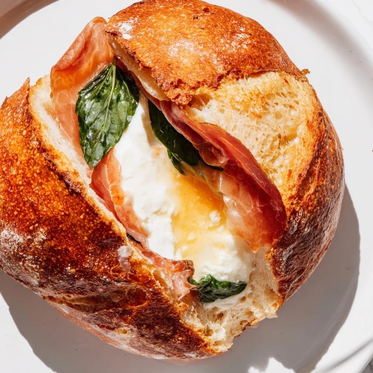 A close-up of a toasted Italian-American grilled cheese sandwich featuring melted burrata and crispy prosciutto on buttered sourdough.