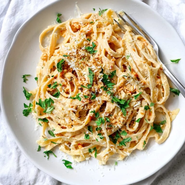 A steaming skillet of Sriracha Honey Pasta, tossed in a glossy sweet-spicy sauce, garnished with fresh parsley and parmesan.