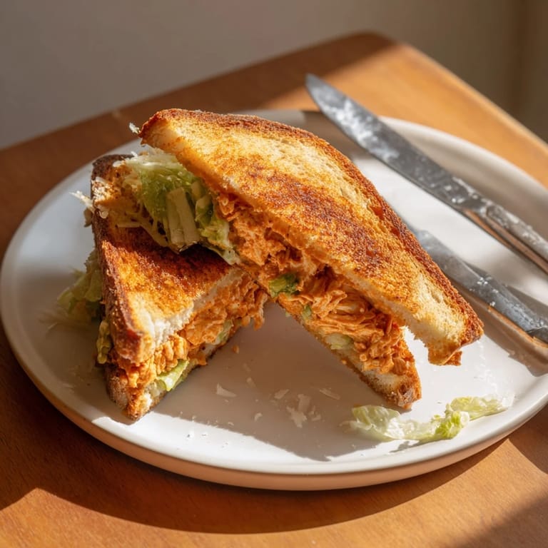 Spicy shredded chicken layered with creamy Caesar dressing and romaine lettuce, grilled inside buttery bread until the cheese bubbles and turns golden.  