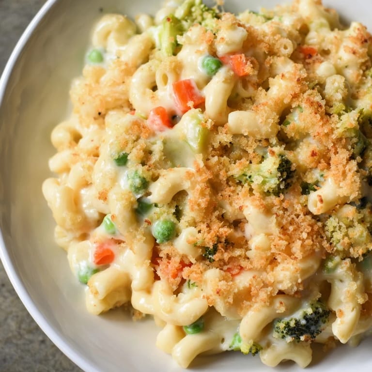 A spoonful of creamy Garden Veg Mac and Cheese reveals tender broccoli florets and melted cheddar on a rustic plate.