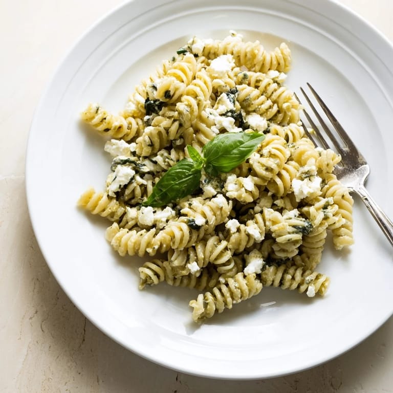 Ready-to-eat Creamy Feta Spinach Pasta in a skillet, steaming warmly with a vibrant green spinach and red pepper flake garnish.