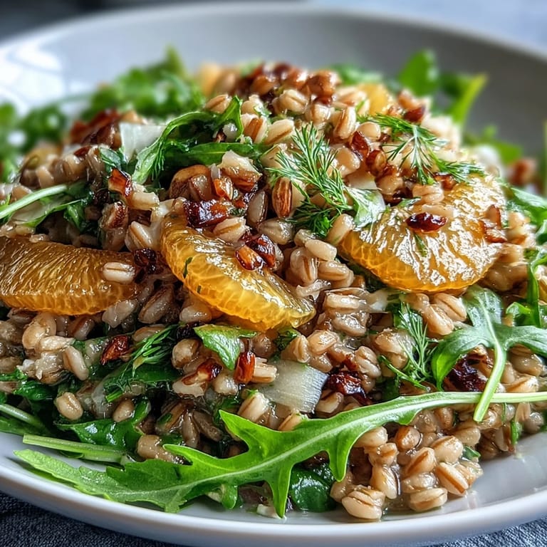 Close-up of Farro Salad With Fennel, Oranges, and Almonds featuring chewy grains, toasted almonds, and greens tossed in a zesty citrus vinaigrette.