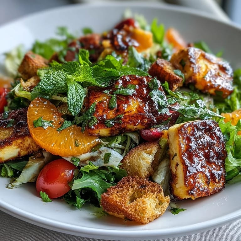 A plated Halloumi Blood Orange Fattoush salad with juicy blood orange rounds, crisp vegetables, and tangy sumac vinaigrette, ready to serve.