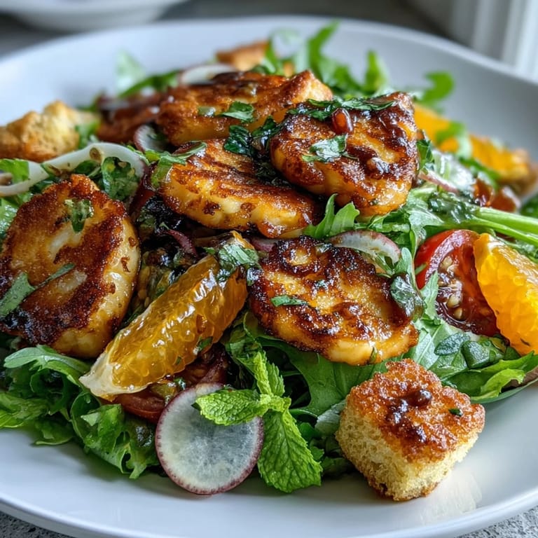 A fresh bowl of Halloumi Blood Orange Fattoush featuring golden pan-seared halloumi, mint, parsley, and pomegranate molasses dressing for a bright Mediterranean twist.
