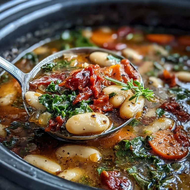 Colorful vegetables and aromatic herbs swim in this Mediterranean White Bean Stew, served hot with a bright lemon wedge for zesty garnish.