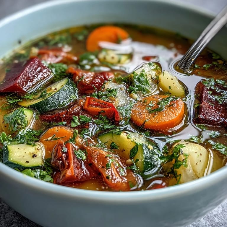 A close-up of simmering Rainbow Vegetable Detox Soup, featuring zucchini, tomatoes, and bell peppers in a steaming pot.  