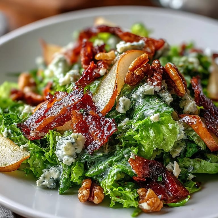 An elegant serving of Frisée, Pear, Blue Cheese, and Crispy Prosciutto Salad on a rustic plate, showcasing the contrast between sweet pears, savory prosciutto, and tangy cheese.