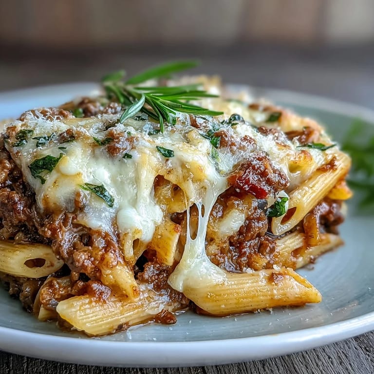 Close-up of High Protein Italian Beef and Pasta Bake showing melted cheese, fresh basil garnish, and a rustic serving dish.