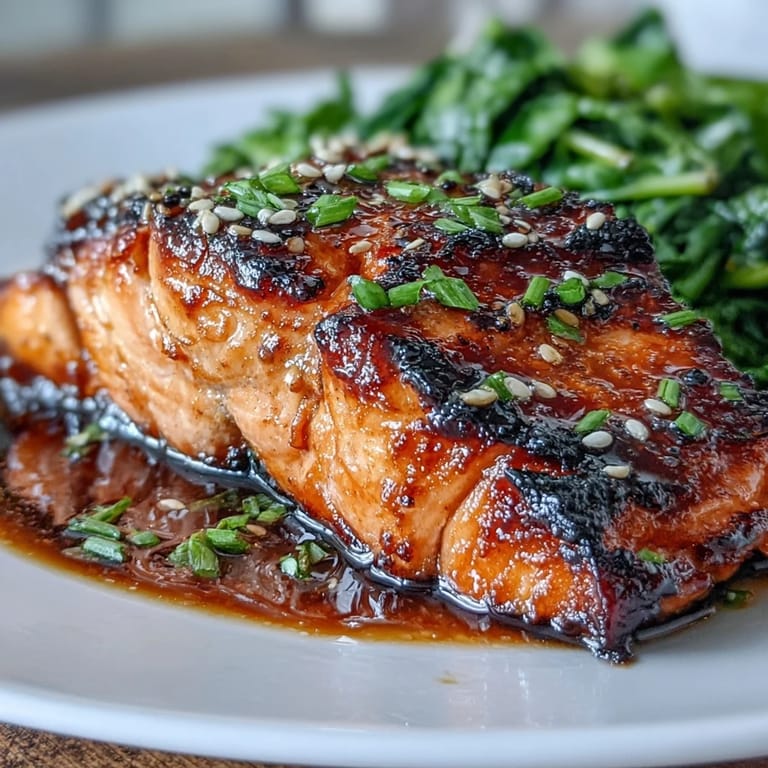Savory miso salmon fillets served over garlicky spinach, a delightful dinner plate.