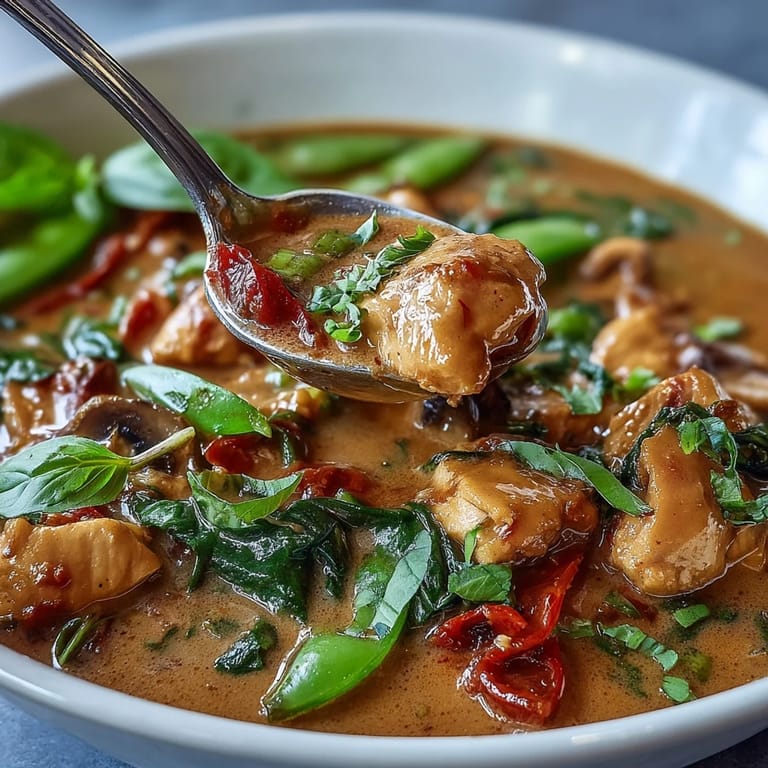 Close-up of Thai Chicken Coconut Curry Soup with tender chicken, red bell peppers, shiitake mushrooms, and snow peas in aromatic broth.