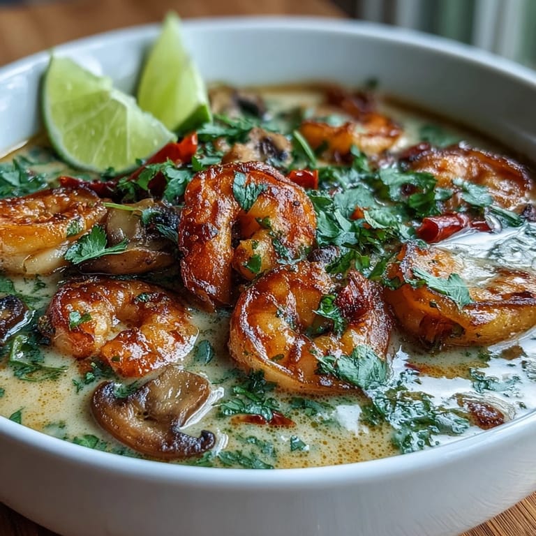 Colorful Thai Coconut Shrimp Soup served hot, featuring plump shrimp and sliced mushrooms in aromatic broth.  