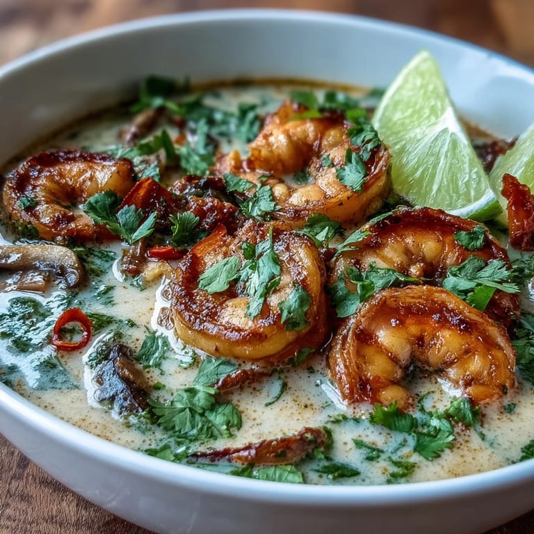 Thai Coconut Shrimp Soup in a rustic ceramic bowl, topped with green onions and a drizzle of lime.