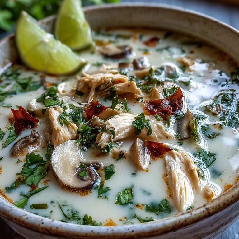 A close-up view of Authentic Tom Kha Gai garnished with fresh cilantro and lime wedges, highlighting the rich, fragrant broth.