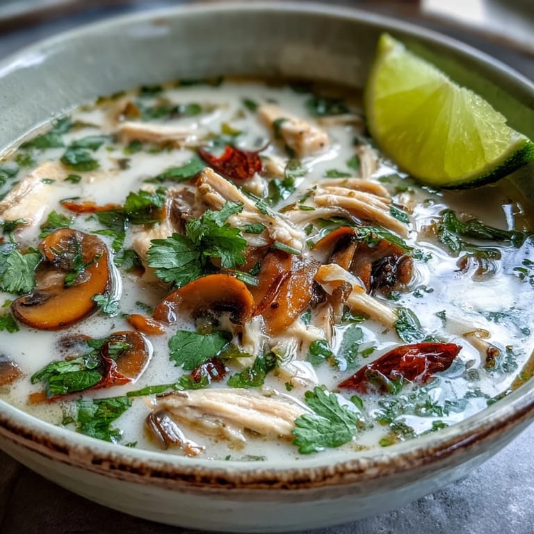 Homemade Authentic Tom Kha Gai served in a rustic bowl, showcasing slices of chicken, straw mushrooms, and vibrant aromatics.