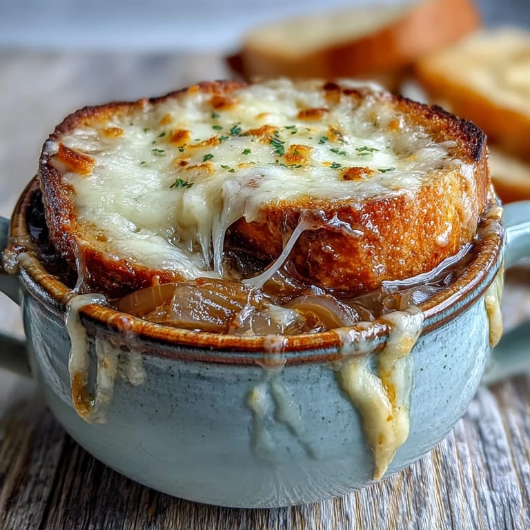 Close-up of French Onion Soup featuring deep caramelized onions in beef broth, crowned with toasted bread and stringy melted cheese.