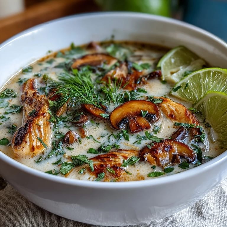 Vibrant Tom Kha Soup simmering in a pot, showcasing coconut cream base with chicken and mushrooms for a comforting meal.