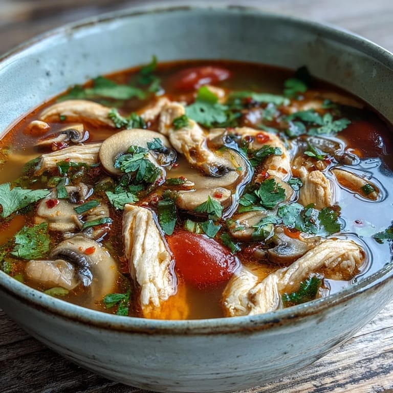 Vibrant Tom Yum Gai soup featuring lemongrass, chiles, and lime, garnished with fresh cilantro.  