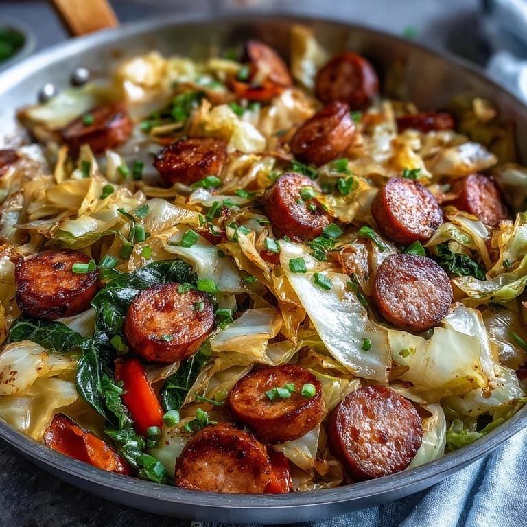 Hearty Smothered Cabbage With Sausage Skillet served hot, perfect over creamy mashed potatoes for a cozy dinner.