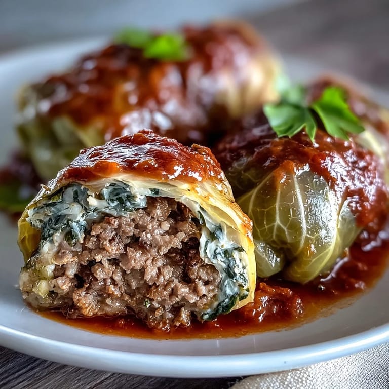 Steaming Cabbage Rolls plated with crusty bread, showcasing the tender cabbage and hearty tomato sauce.