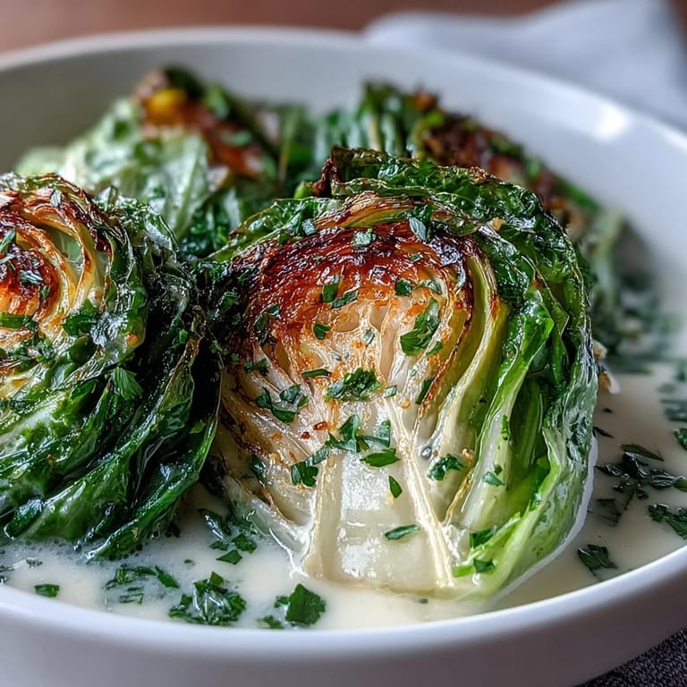 Tender Herby Cabbage in Parmesan Broth ladled into a white bowl with fresh herbs and a creamy broth.