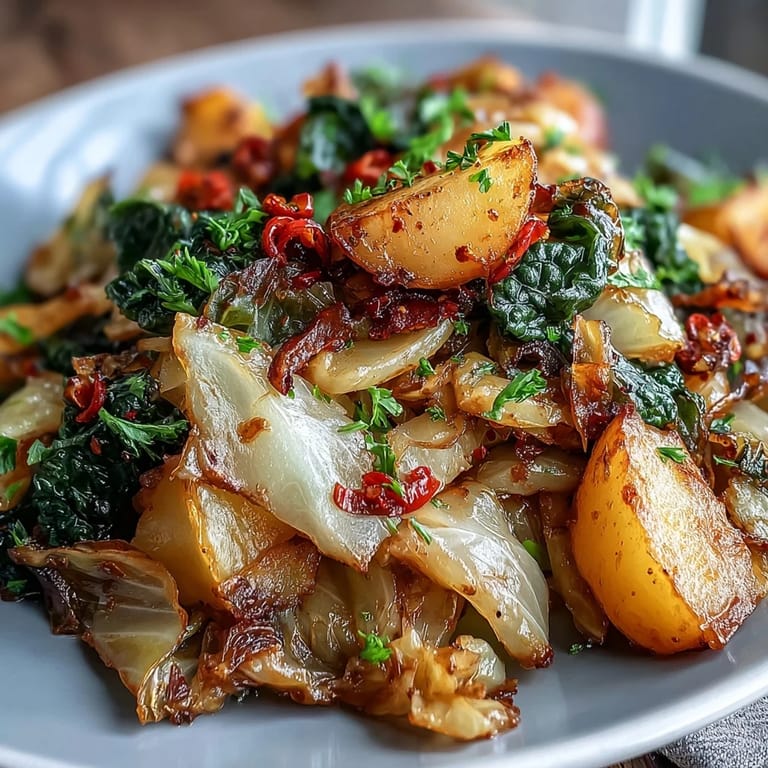 Golden potatoes and wilted greens in Braised Cabbage With Potatoes and Chili, a cozy vegetarian weeknight dinner.
