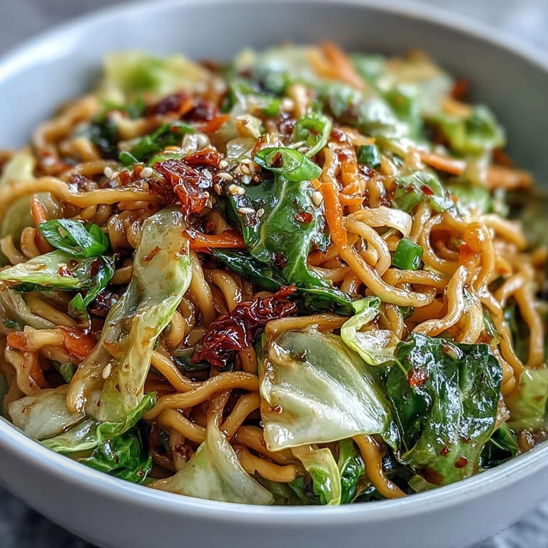 Heaping bowl of finished Fried Cabbage Ramen topped with scallion greens, ready for a quick weeknight meal.
