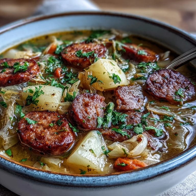 Cozy Sausage, Potato and Cabbage Soup served with crusty bread and sour cream.