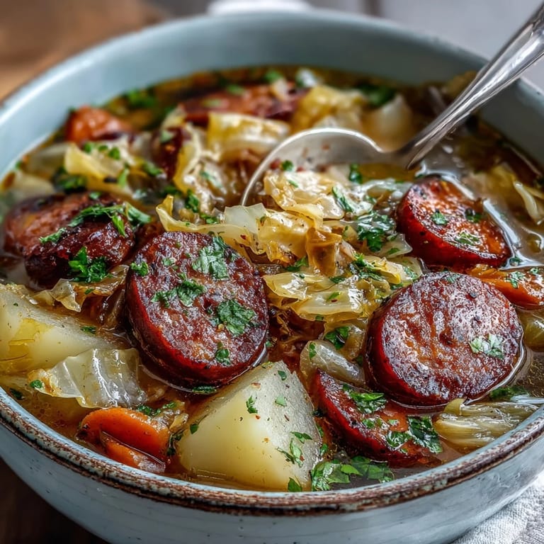 Thick slices of smoked sausage and tender potatoes in a rustic broth.