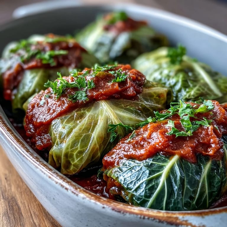 Close-up of tender cabbage leaves stuffed with lentils and brown rice, steaming in a savory tomato sauce.