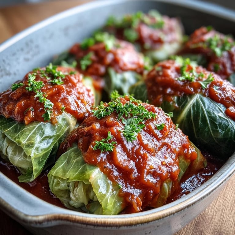 Freshly baked vegan cabbage rolls topped with herbs, served alongside mashed potatoes on a rustic wooden table.