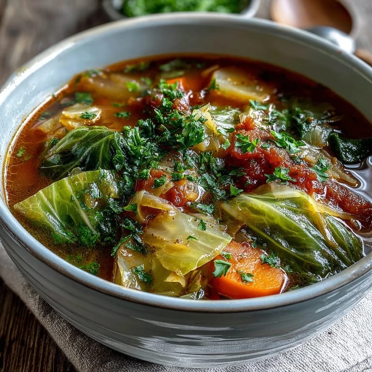 Healthy Classic Cabbage Soup featuring tender green cabbage and vibrant vegetables in a ladle.