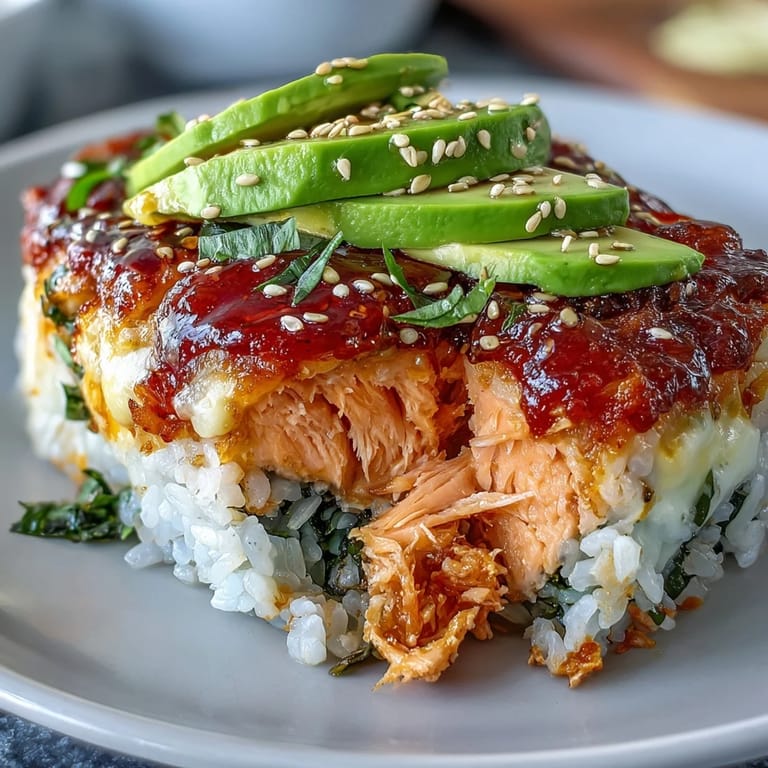 Warm deconstructed Spicy Salmon Sushi Bake in a baking dish, layered with seasoned rice and spicy salmon mixture.