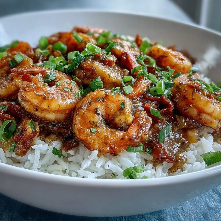 Steaming Classic New Orleans Étouffée with tender shrimp in a rich, dark roux sauce, ready to be served alongside fluffy white rice.