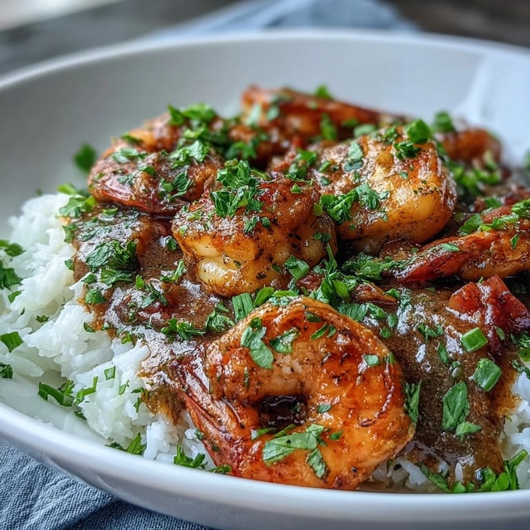A hearty bowl of Classic New Orleans Étouffée featuring succulent shrimp and a savory, dark roux-based sauce, perfect for a comforting Cajun dinner.