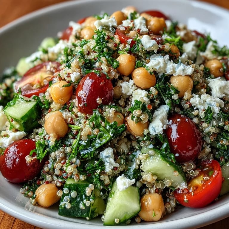 Crumbled feta cheese and bright lemon vinaigrette are sprinkled over the finished High Protein Quinoa & Chickpea Salad, served on a white plate. 