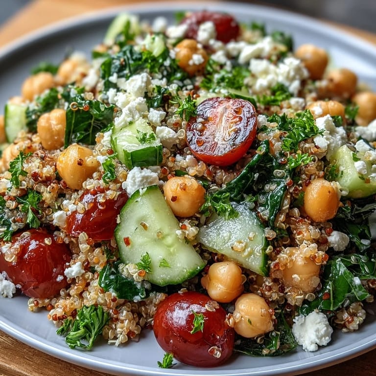 A fork lifts a hearty scoop of the High Protein Quinoa & Chickpea Salad, showcasing fluffy quinoa, chickpeas, and fresh green herbs.