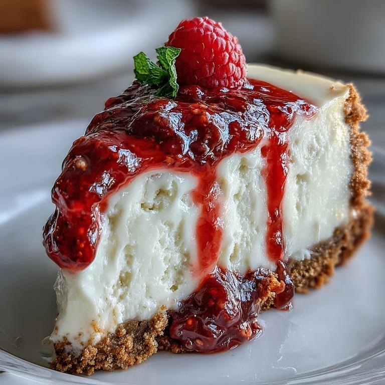 A plated piece of Indulgent White Chocolate Raspberry Cheesecake Bliss shows rich white chocolate filling and a tangy fruit swirl, ready for dessert.