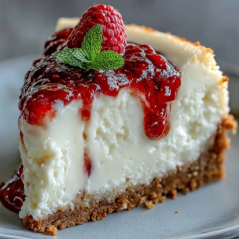 Fresh raspberry sauce glistens on top of a creamy slice of Indulgent White Chocolate Raspberry Cheesecake Bliss, garnished with a few ripe berries.
