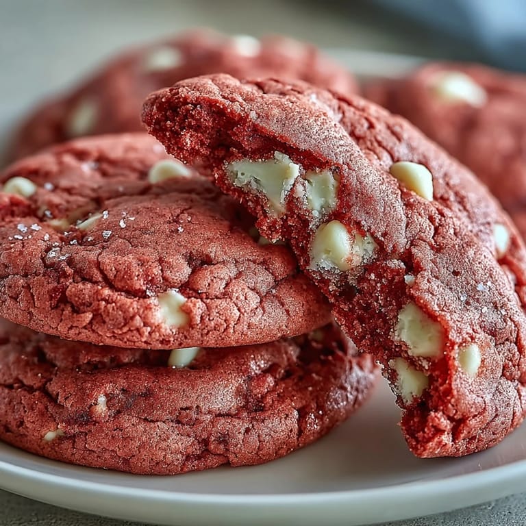 Homemade Pink Velvet Cookies with a tender crumb and pink tint, plated with milk for a classic sweet treat.