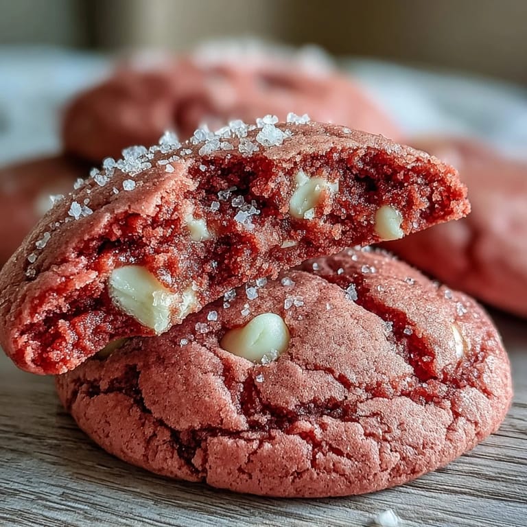 Golden-edged Pink Velvet Cookies resting on parchment paper, with creamy white chocolate chips melting in the center.
