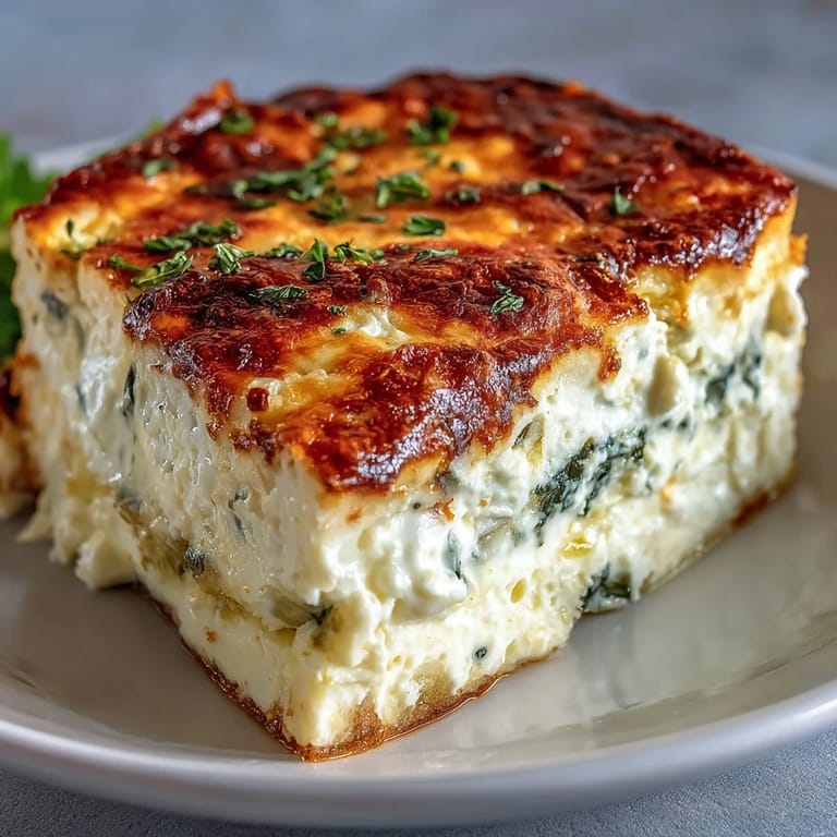 Creamy scoops of High Protein Spinach Artichoke Bake served warm, garnished with fresh herbs on a plate.