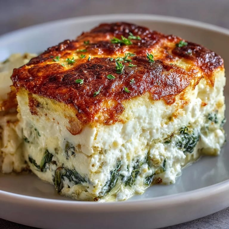 Close-up of High Protein Spinach Artichoke Bake showing spinach and artichoke chunks in a cheesy casserole.