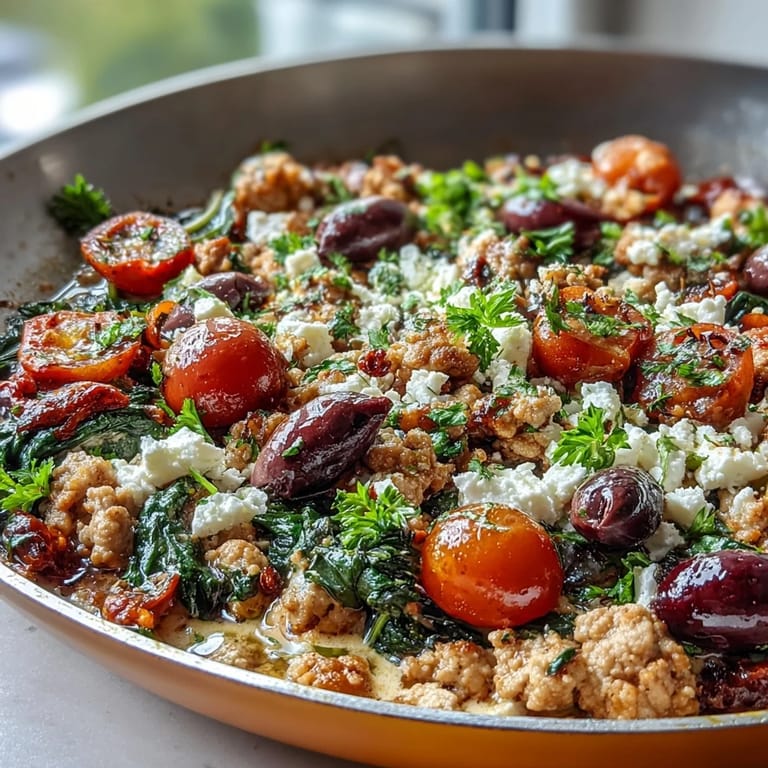 Hearty Mediterranean Keto Ground Chicken Skillet served in a skillet topped with creamy crumbled feta and fresh parsley garnish.