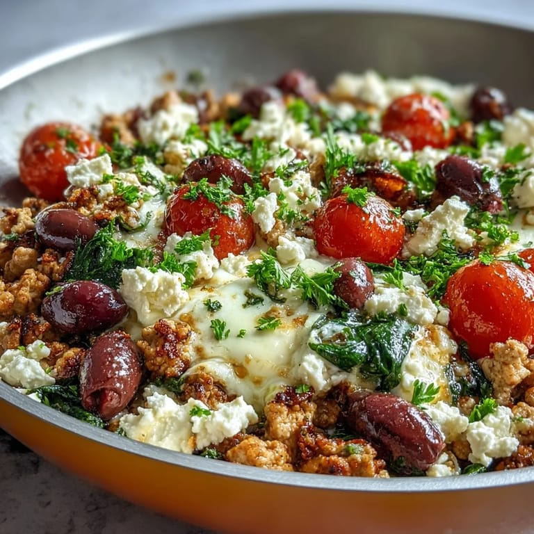 Vibrant Mediterranean Keto Ground Chicken Skillet featuring tender ground chicken, briny olives, and bright lemon juice for a low-carb dinner.