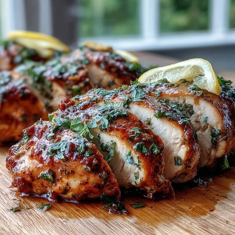 Flavorful oven baked chicken breast served on a bed of roasted vegetables with fresh parsley garnish.