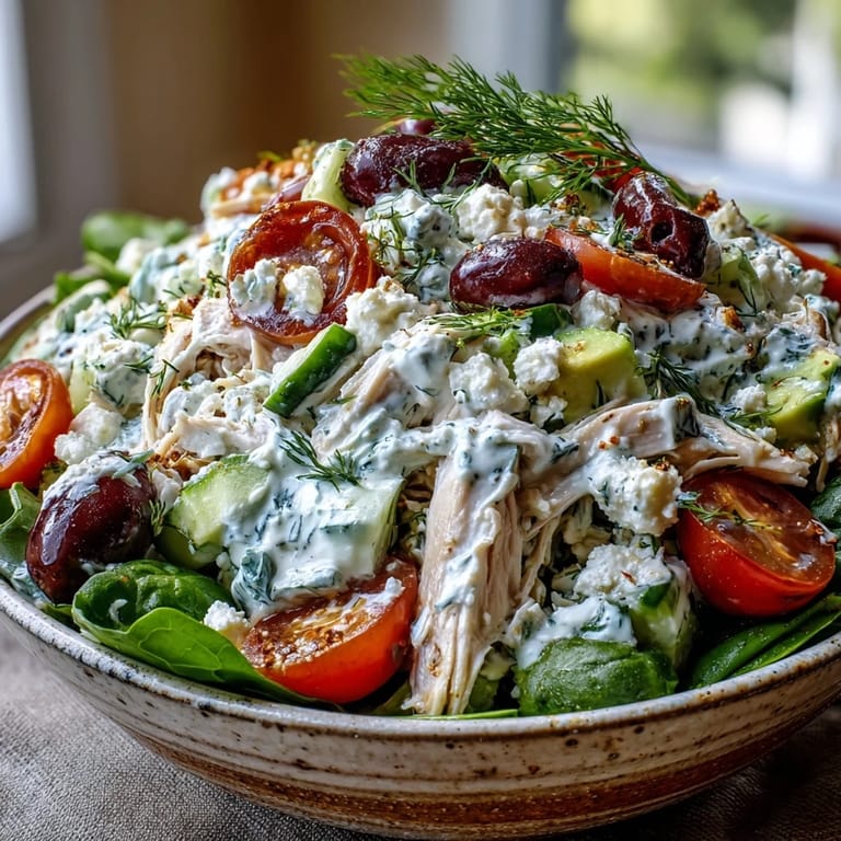 A chilled scoop of Tzatziki Chicken Salad with crunchy cucumber, red onion, and crumbled feta cheese garnish.