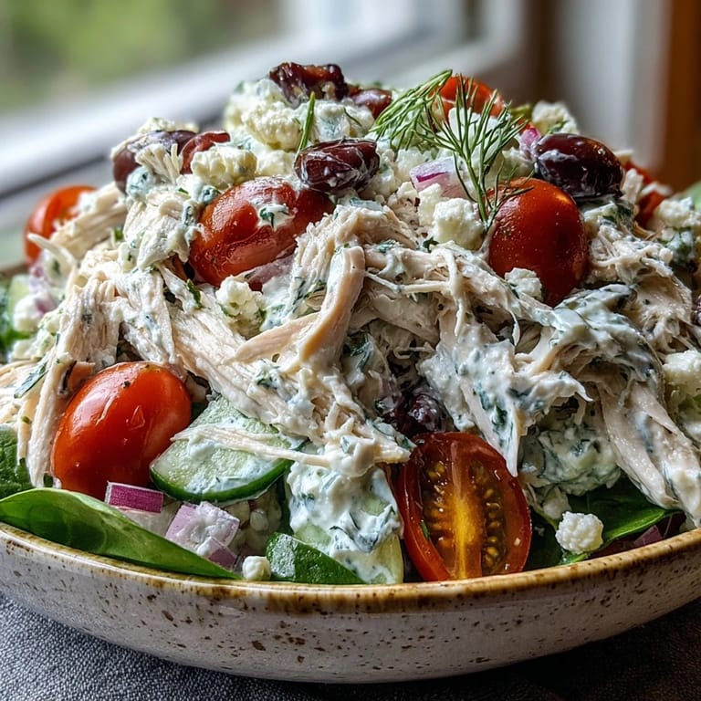 Bright, tangy Tzatziki Chicken Salad with cherry tomatoes and olives, perfect for a light, gluten-free lunch or dinner.